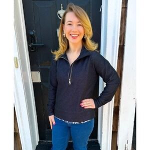 Lulu-B Womens Navy Blue Quarter Zip Pullover Long Sleeve High Low Hem Medium